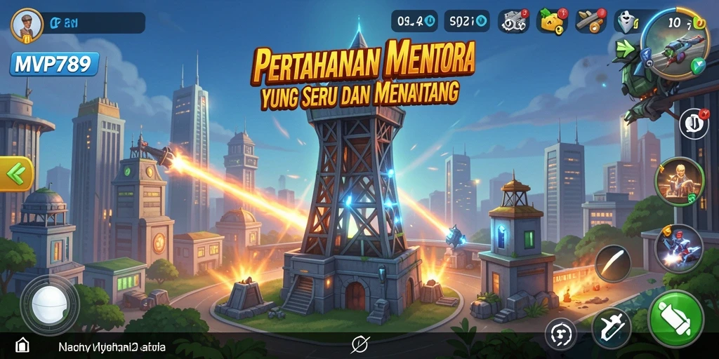 Tampilan gameplay seru dengan menara dan gelombang musuh yang menantang.